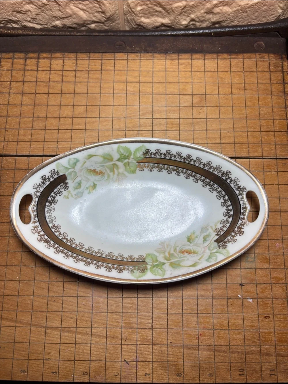 Vintage Ceramic Serving Platter 2 Dishes 4 Cup Set Roses Cream, Green, Gold Trim